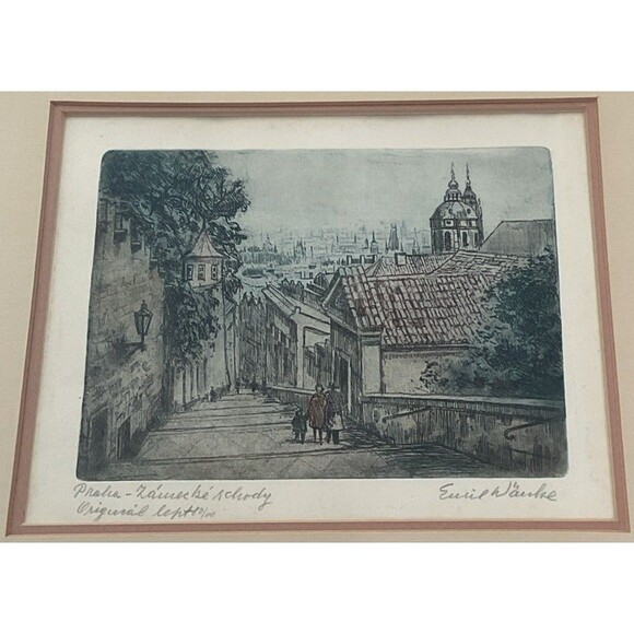 Original Signed Emil Wanke  Etching Depicts The Castle Steps In Prague,Czech. - Picture 3 of 14